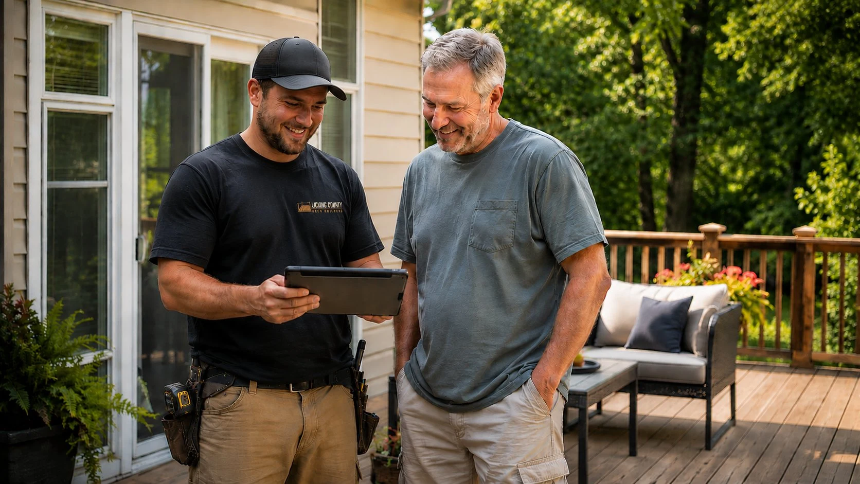 Deck contractor consulting with homeowner in Licking County Ohio