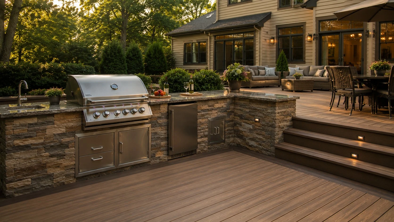 Outdoor kitchen and grill station on composite deck