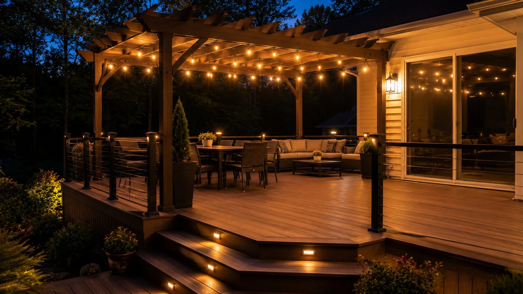 Pergola with string lights on composite deck Ohio